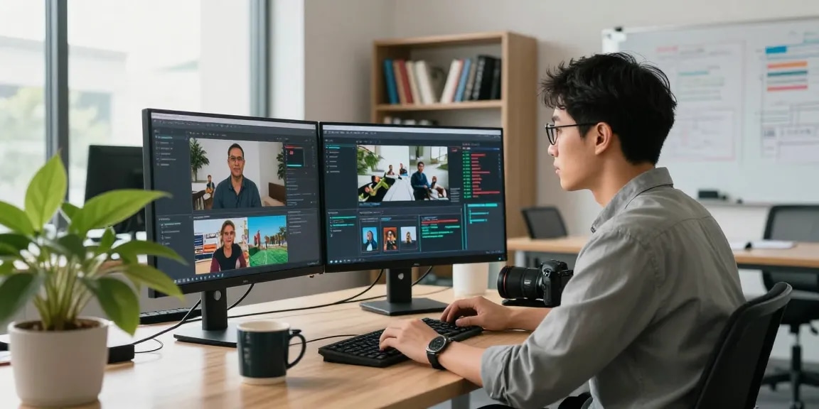 AI image detector in action at a tech workspace, showcasing professionals analyzing data and algorithms.