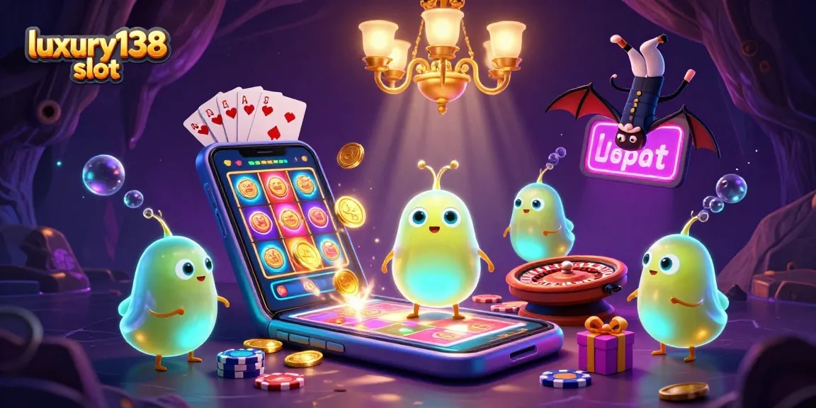 Experience the excitement of luxury138 slot with glowing characters illuminating a vibrant cave casino.