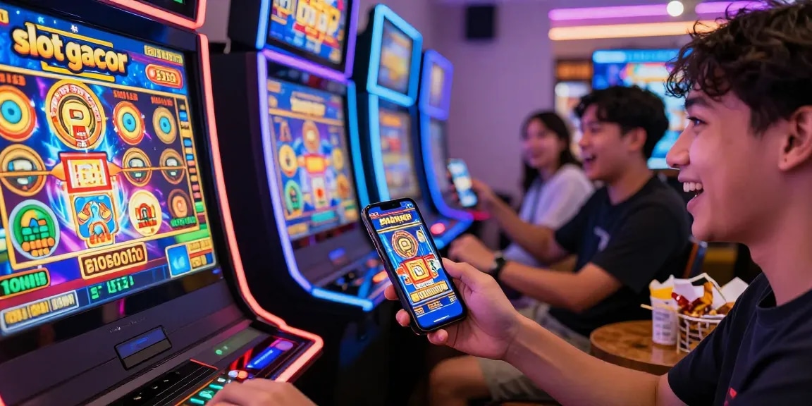 Excited players enjoying "slot gacor" action on smartphones in a lively gaming atmosphere.