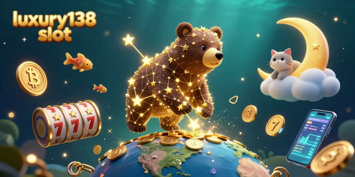 Engage with luxury138 slot through a vibrant 3D illustration of a constellation bear and slot elements.