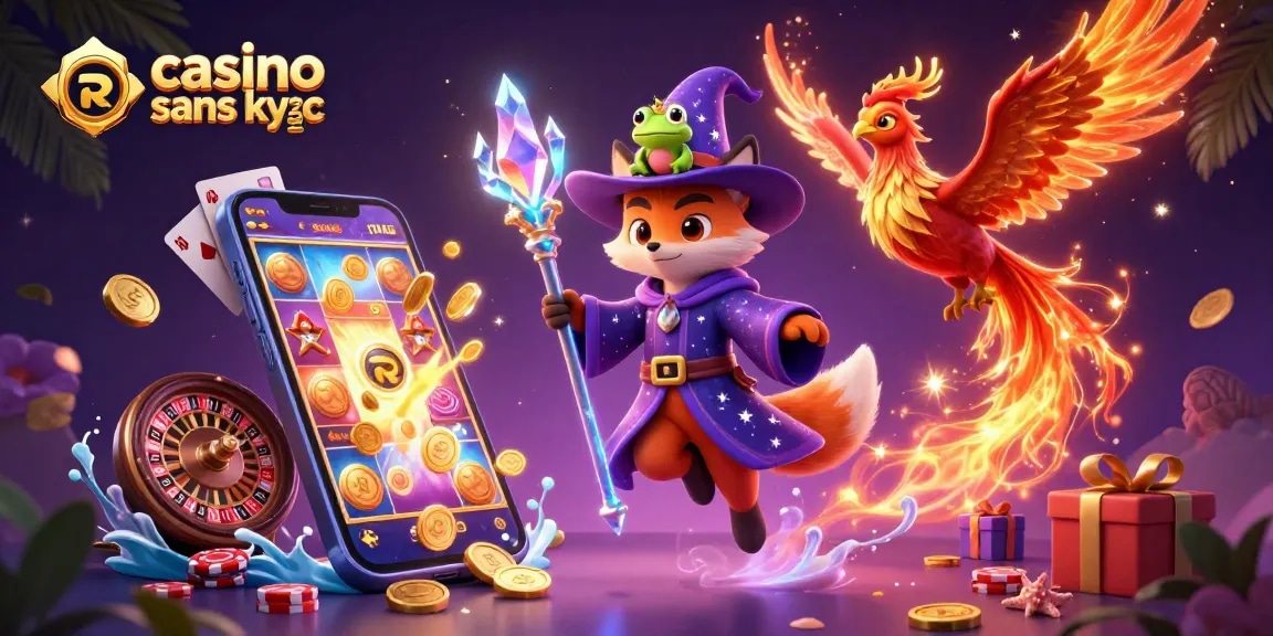 Jouez au casino sans KYC 2026 avec une illustration colorée de jeux et personnages animés.