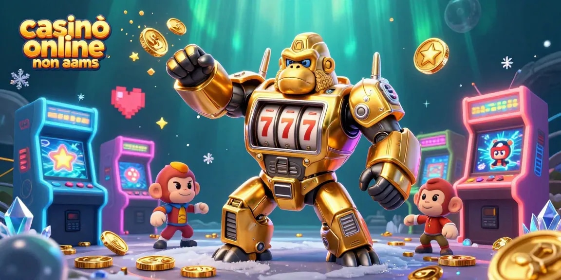 Gioca nei casinò online non AAMS con un gorilla dorato robotico e macchine arcade colorate in un'atmosfera vibrante.