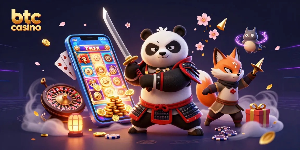 Gioca nei migliori btc casino con un panda samurai e una volpe ninja in un'illustrazione 3D vivace e colorata.
