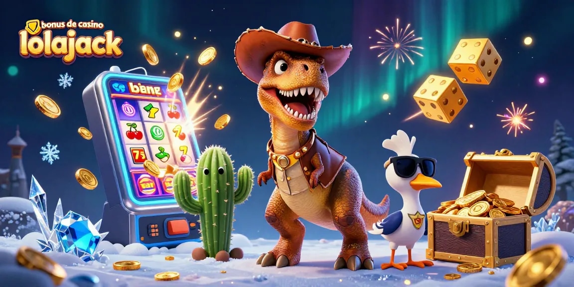 Profitez du bonus de casino lolajack avec une illustration vibrante de machines à sous et des personnages animés.
