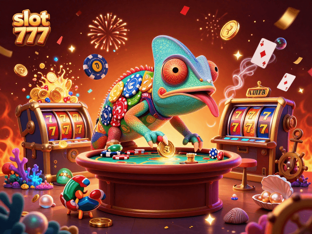Experience the thrill of slot 777 with vibrant illustrations featuring chameleon casino characters and dynamic elements.