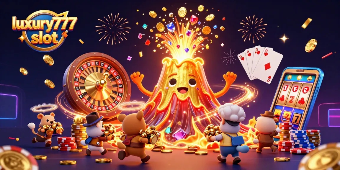 Experience excitement with luxury777 slot as golden treasures rain down from a victorious volcano.
