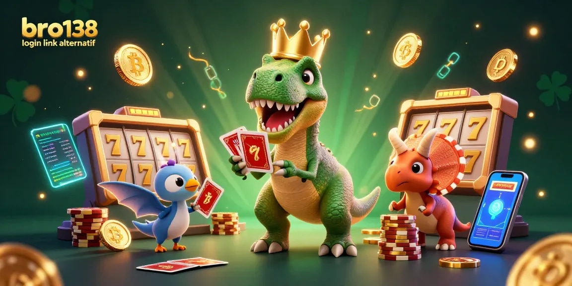 Experience vibrant gaming with bro138 login link alternatif, featuring T-Rex, winning chips, and glowing crypto coins in a dynamic casino scene.