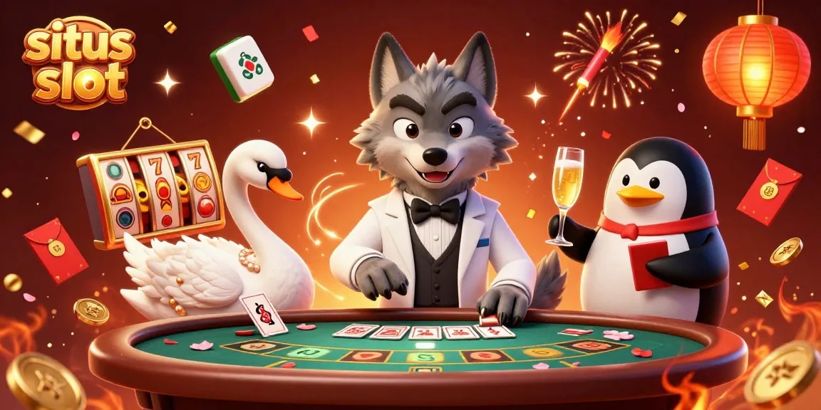 Experience the excitement of situs slot with a vibrant casino illustration featuring playful characters and dynamic elements.