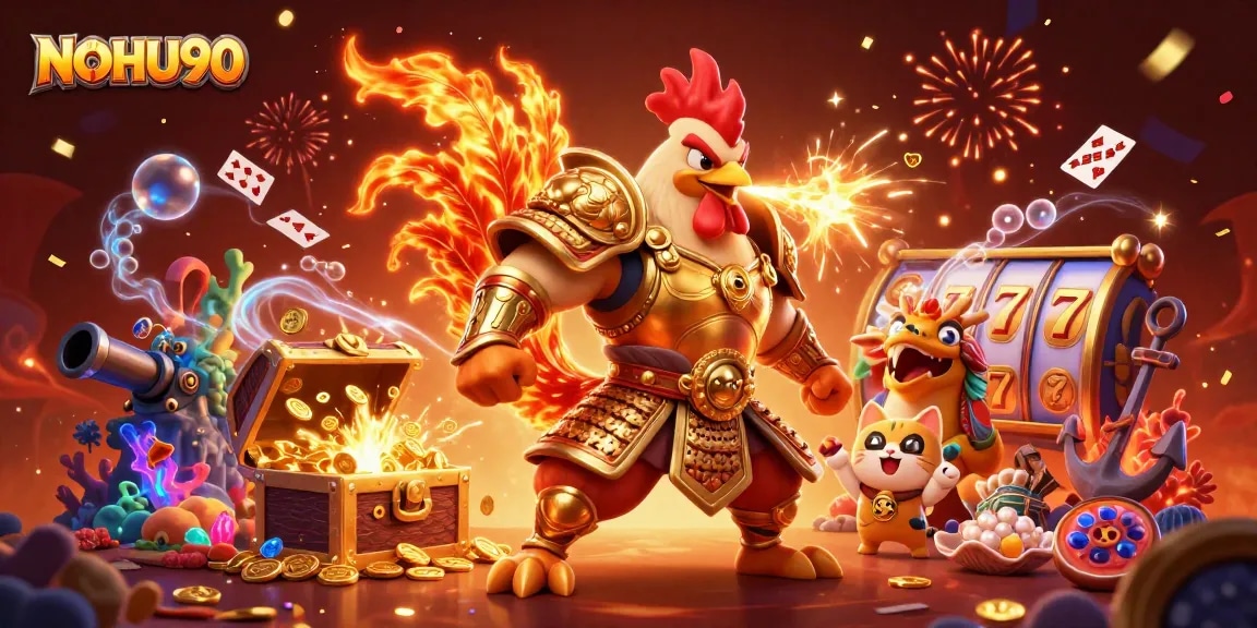 Engage with NOHU90's thrilling casino experience featuring dynamic characters, slot reels, and vibrant treasures.