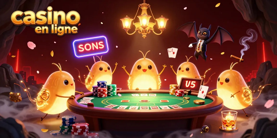 Jouez à des jeux de casino en ligne dans une scène animée avec des lucioles et un dealer chauve-souris.