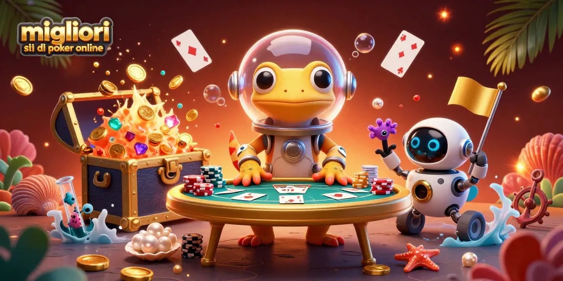 Scopri i migliori siti di poker online con questa illustrazione di un gecko spaziale al tavolo da poker.