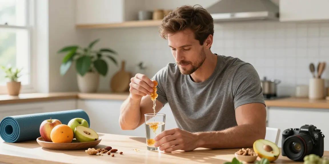 Man preparing best shilajit in Australia in a bright kitchen filled with fresh fruits, embodying vital health.