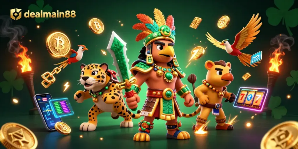 Engage with dealmain88's thrilling casino experience featuring vibrant characters and crypto-themed elements.
