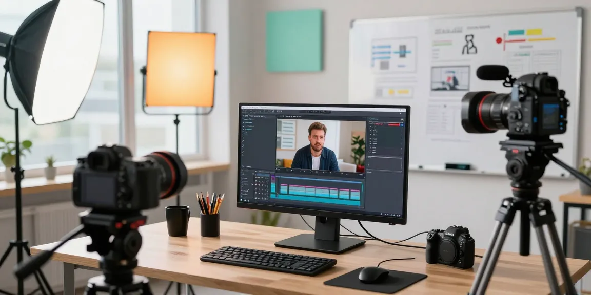 Content creator using video to prompt technology in a modern studio setting, showcasing dynamic video production.