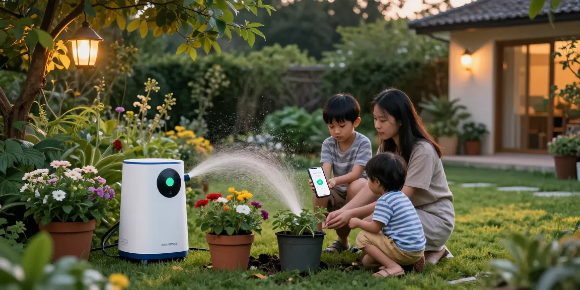 Family using the rainpoint automatic watering system in a beautiful garden setting