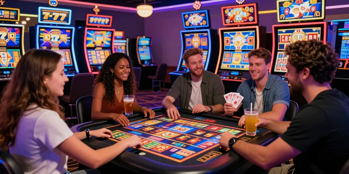 Pengalaman bermain slot777 yang menyenangkan di kasino dengan teman-teman, penuh cahaya dan kegembiraan.