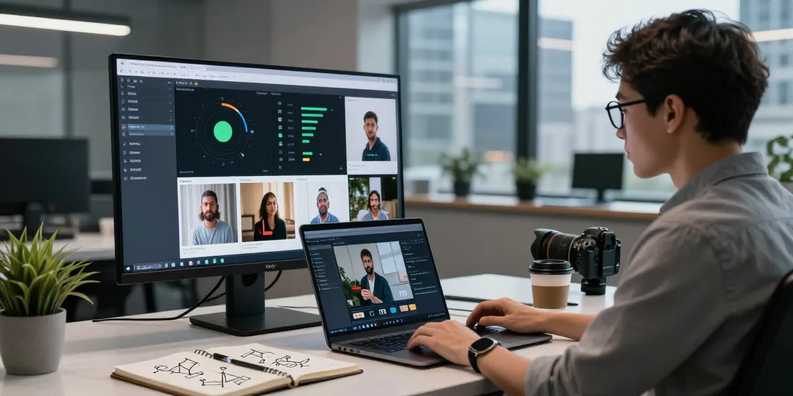 Engaged data analyst using a free AI detector software in a modern workspace.