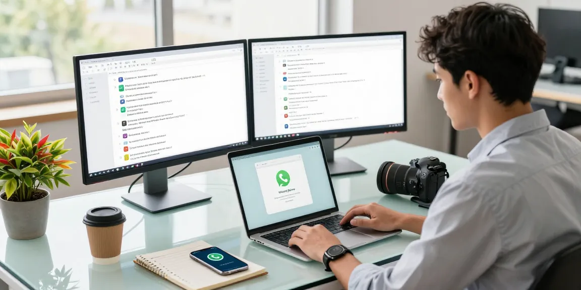 Using WhatsApp網頁版 on a modern laptop in a bright office setting, showcasing productivity.