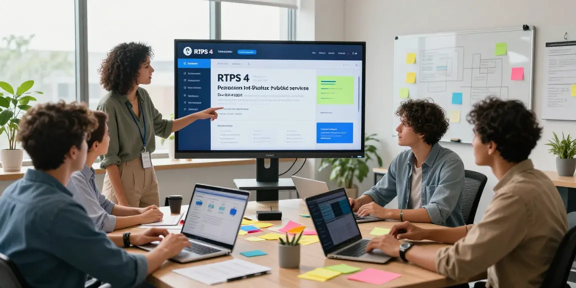 Team collaborating on the rtps 4 platform for public services in a modern workspace.