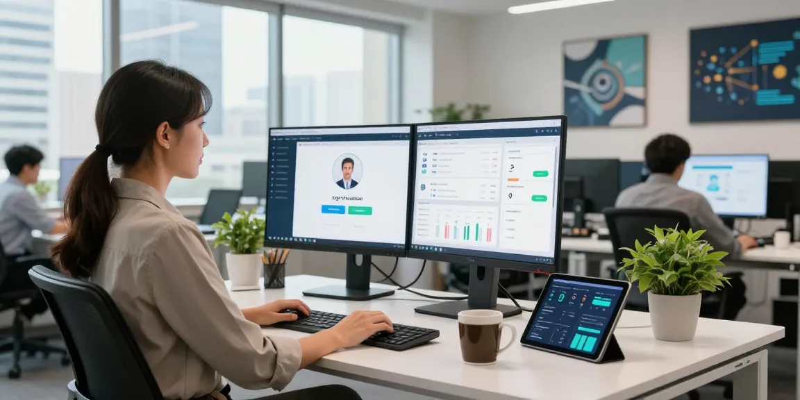 Age verification system displayed on monitors in a modern office with a professional woman engaged in work.