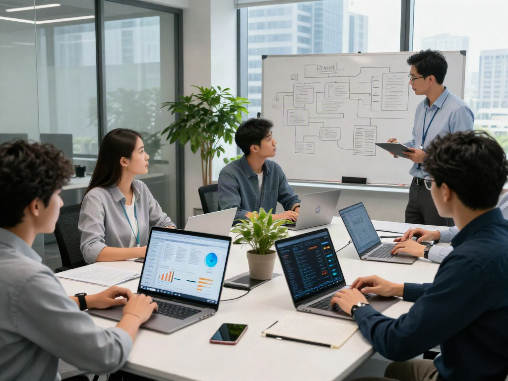 Team developing document fraud detection software in a modern office with collaborative tools and AI visuals.