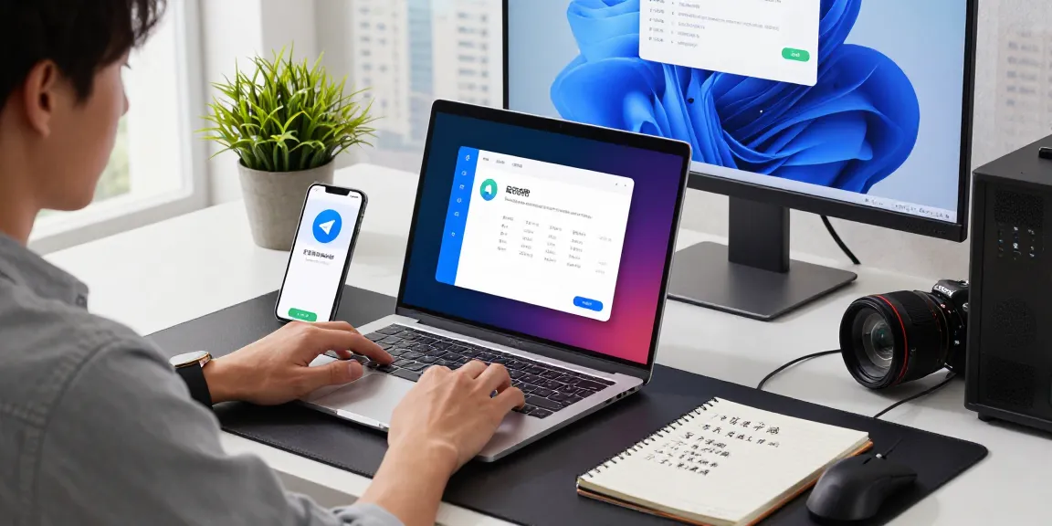 Person setting up Telegram Chinese step guide on laptop in a modern workspace.