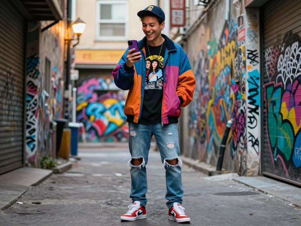 Person using a celebrity i look like app in urban fashion setting, showcasing trendy outfit and street art backdrop.