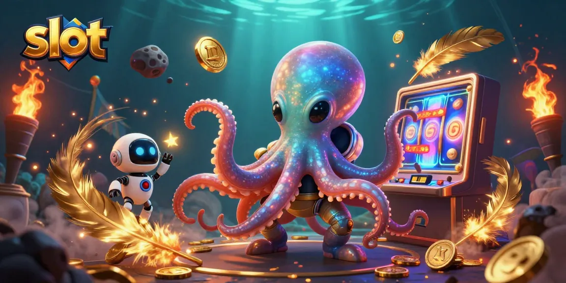 Mesin slot yang berputar dengan karakter gurita alien dan robot yang ceria di dalam suasana kasino yang meriah.