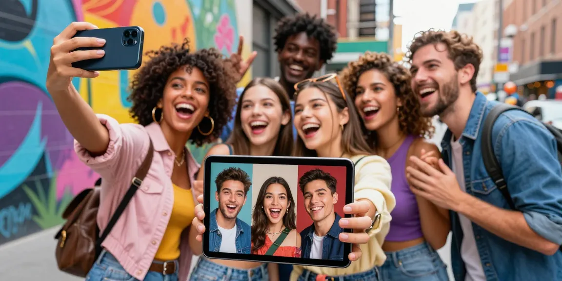 Group of friends excitedly finding their celebrities look alike using an app in a vibrant urban setting