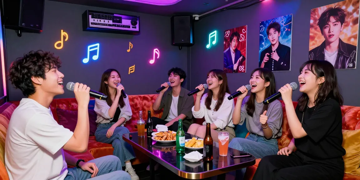 Friends enjoying a lively 강남노래방 karaoke night with colorful lights and vibrant atmosphere.