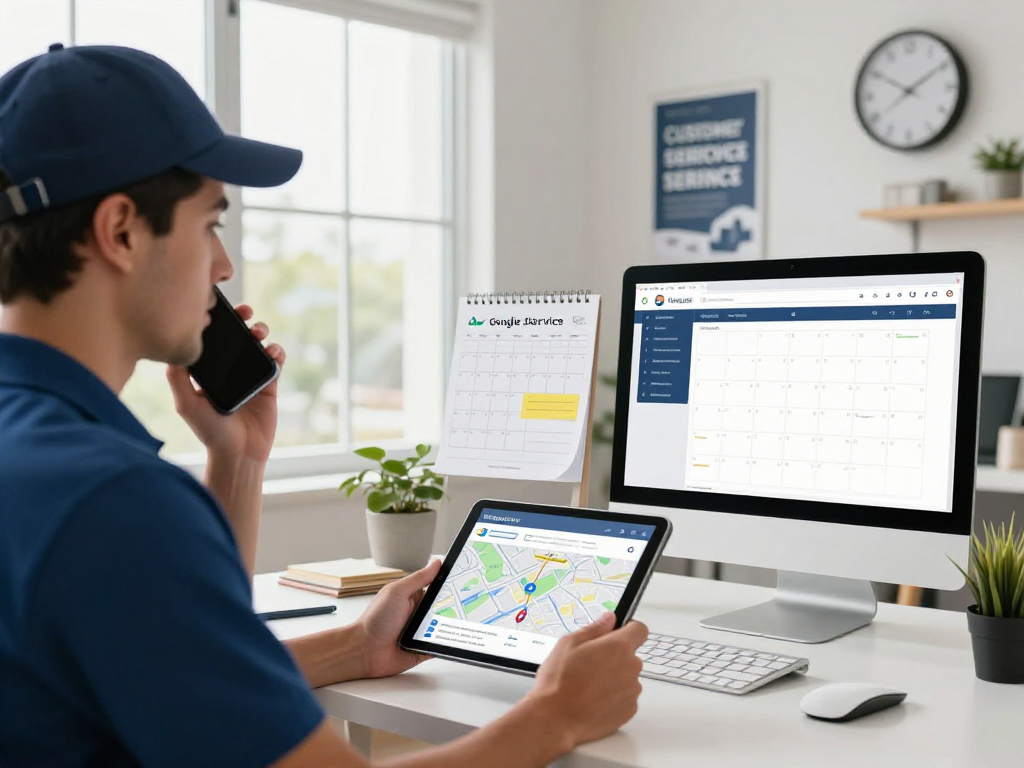 Home-service professional using Google Maps SEO services in a dynamic workspace.