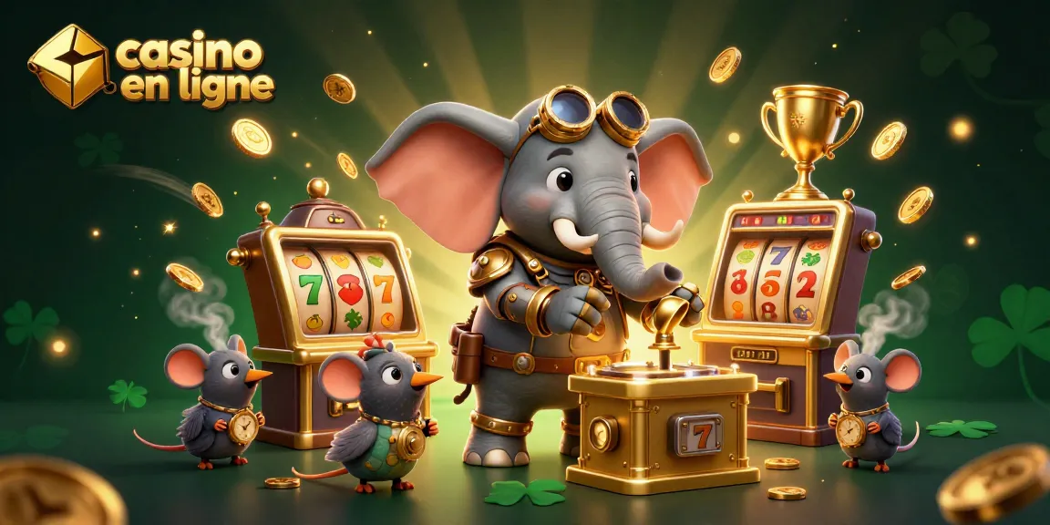 Vivez l'excitation des casinos en ligne avec une illustration sur le thème steampunk mettant en scène un éléphant ingénieur et des éléments de jeu dynamiques.