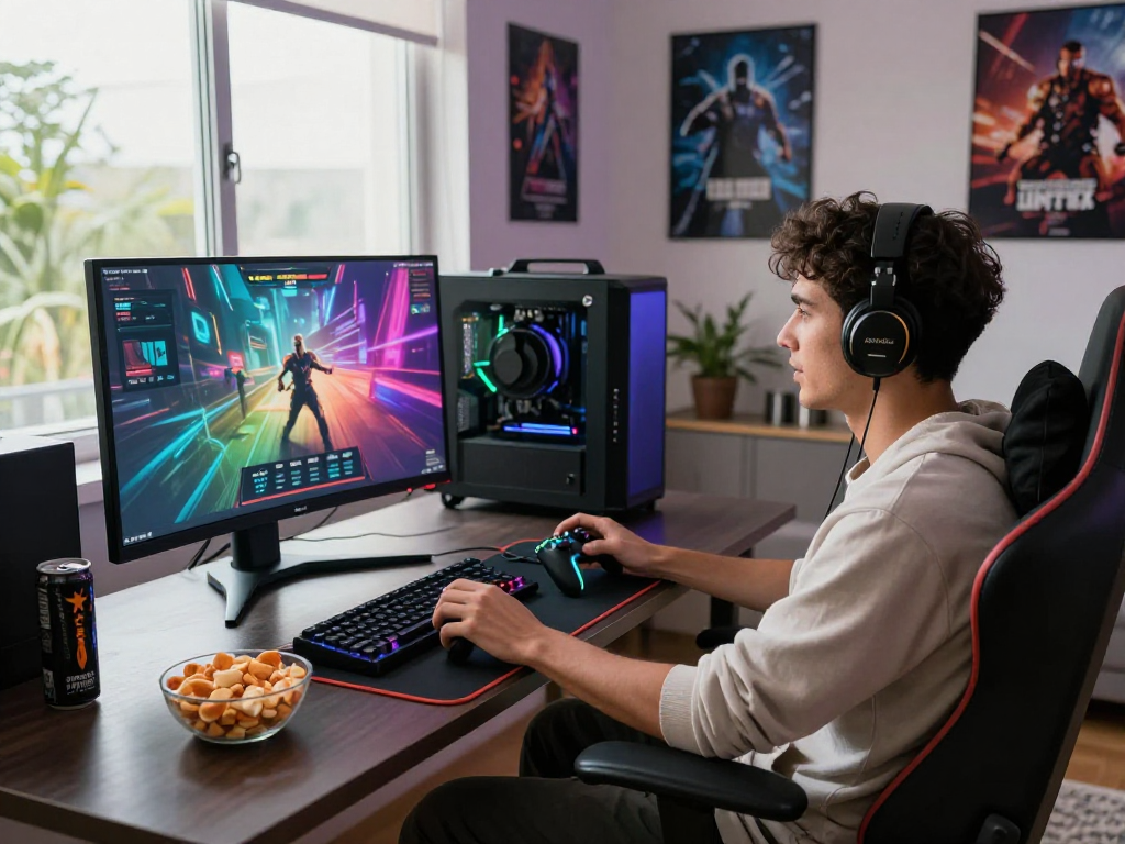 Gamer focused on rokok88 gameplay in a stylish modern living room with vibrant graphics and gaming peripherals.