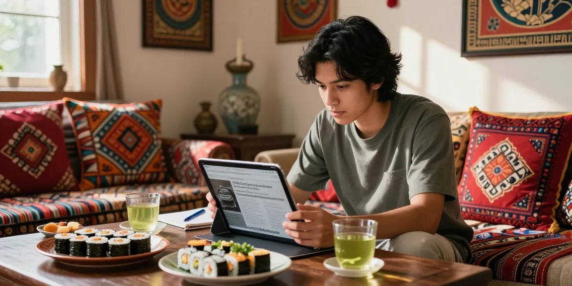 Cultural engagement at home with a Hispanic reader enjoying content from https://hanadultalk.com, showcasing vibrant Asian decor and snacks.