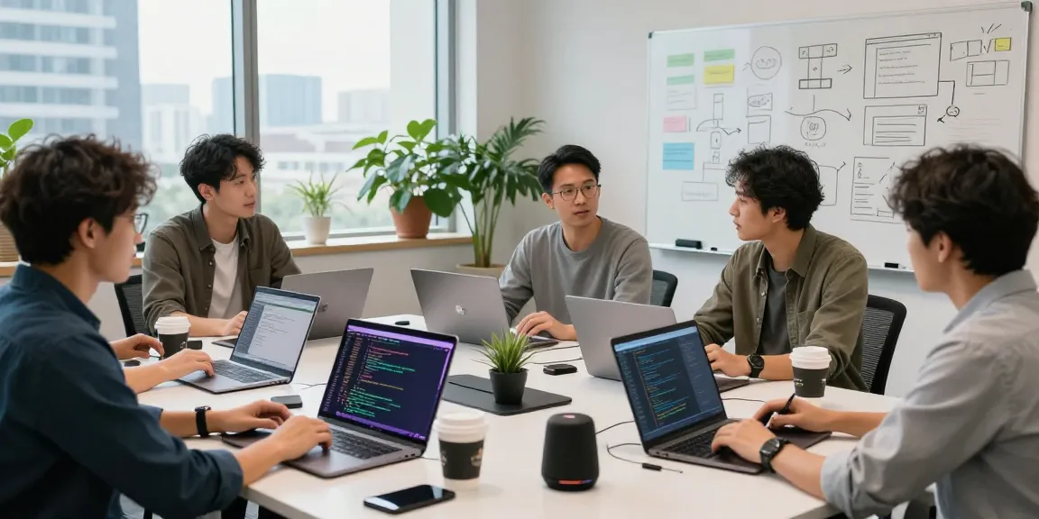 Developers collaborating in a modern workspace showcasing telegraimin.com technology.