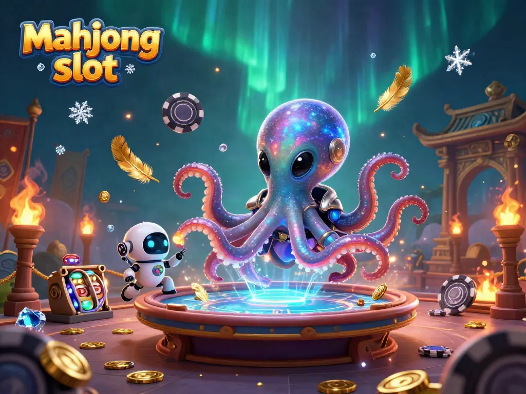 Experience the thrill of mahjong slot with alien octopus and dynamic poker table in a cosmic casino.