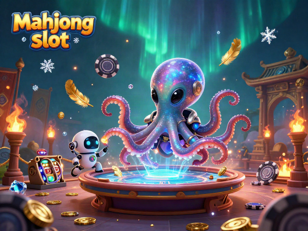 Experience the thrill of mahjong slot with alien octopus and dynamic poker table in a cosmic casino.
