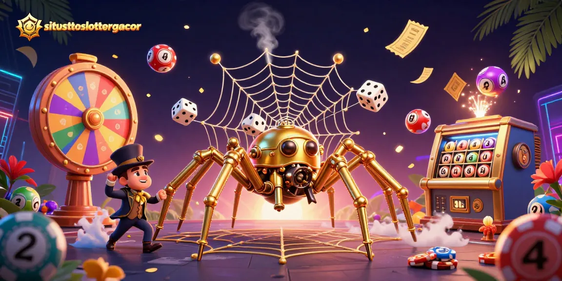 Experience exhilarating wins on situstotoslottergacor with golden spider capturing daring dice in a vibrant gaming scene.