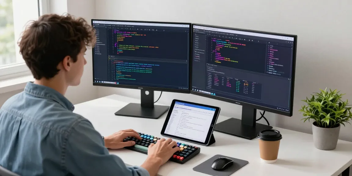 快连 enhances productivity in a tech workspace with powerful coding setups and modern aesthetics.