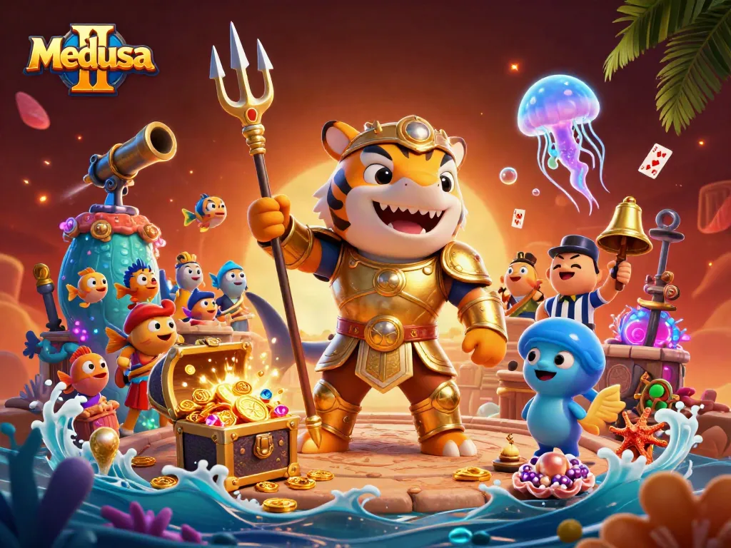 สัมผัสการเล่น Medusa II ด้วยภาพอนิเมชัน 3 มิติของฉลามเสือที่ดุร้ายในชุดเกราะทองคำ