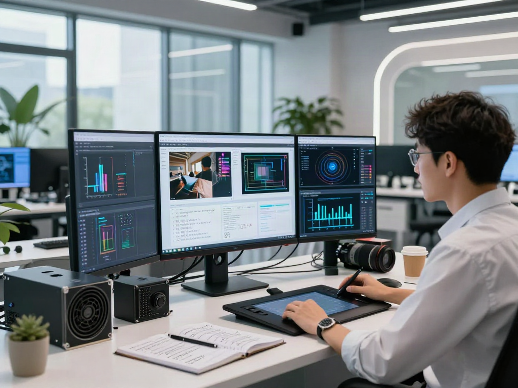 AI Image Detection in a modern lab with data scientist analyzing algorithms and images.