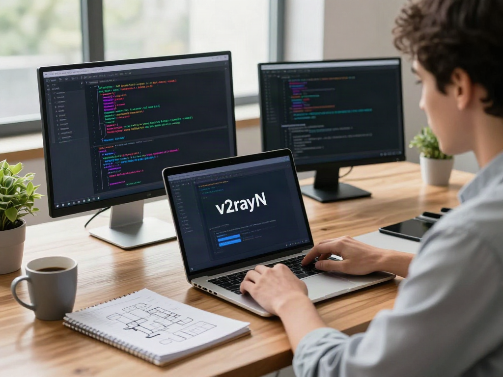v2rayN官网 user configuring networking software in a modern office setup