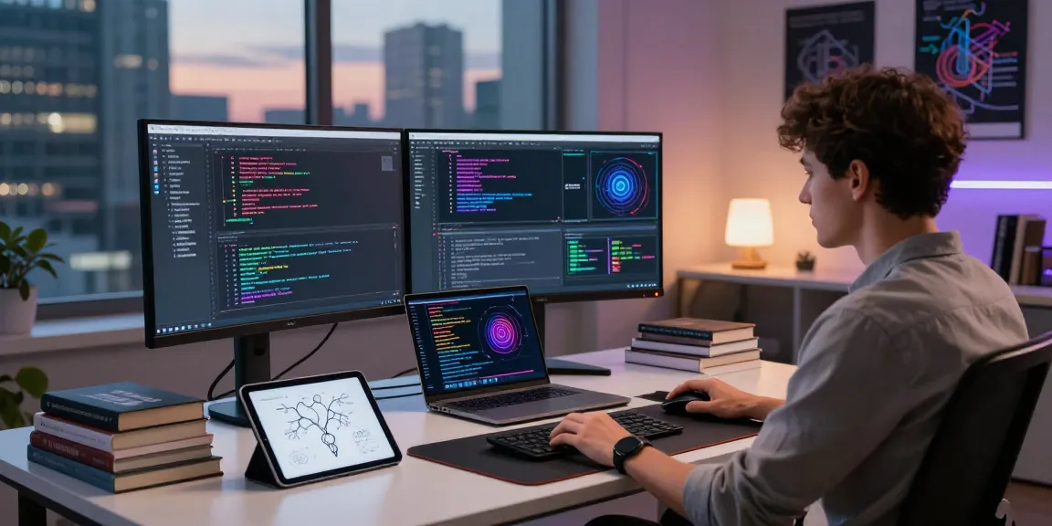 Generative AI development scene with an individual coding on dual monitors in a modern workspace.