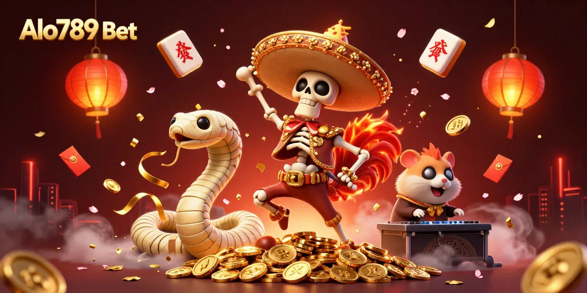 Alo789 Bet showcases a dynamic rooster character dancing among casino elements and winning coins.