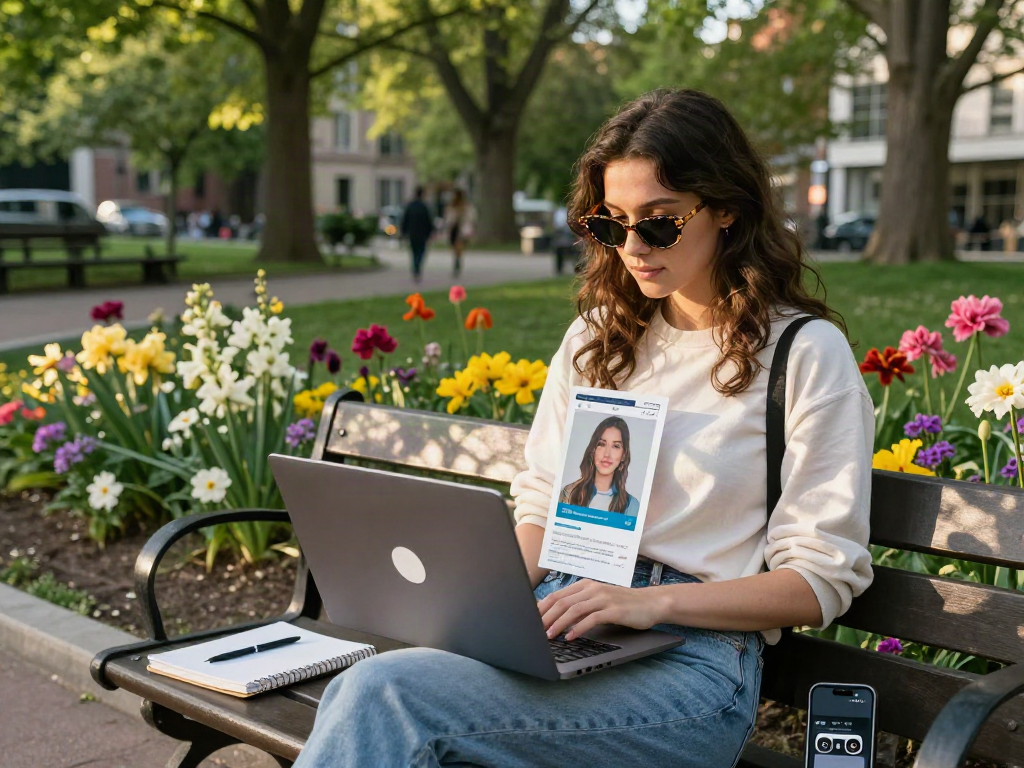 Young woman exploring a test of attractiveness on her laptop in an urban park.