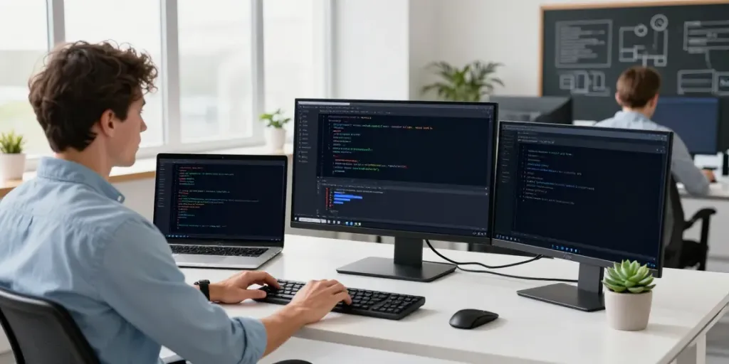 Developer coding open-source Android apps at h5.2113.net in a modern workspace.