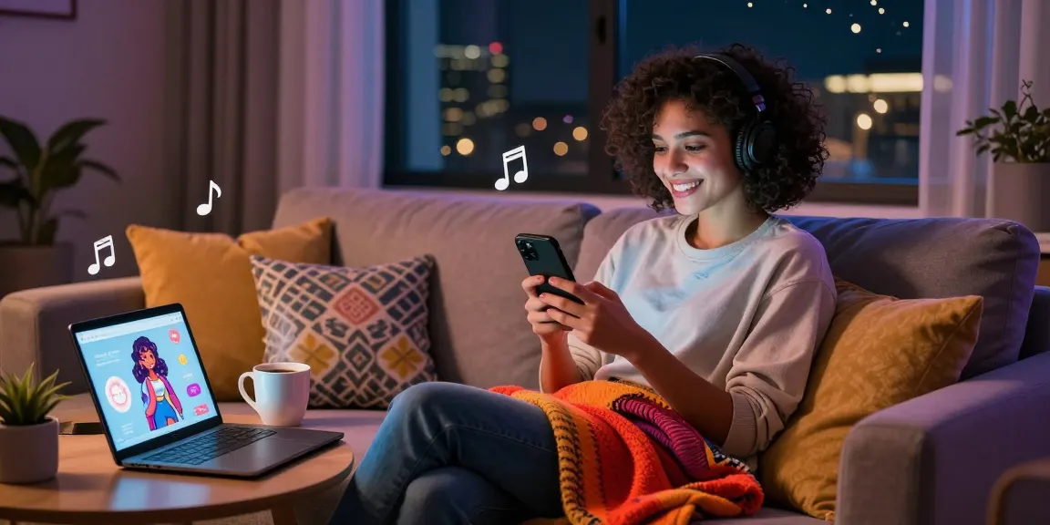 Engaging nsfw ai chat interaction on a cozy sofa with ambient lighting.
