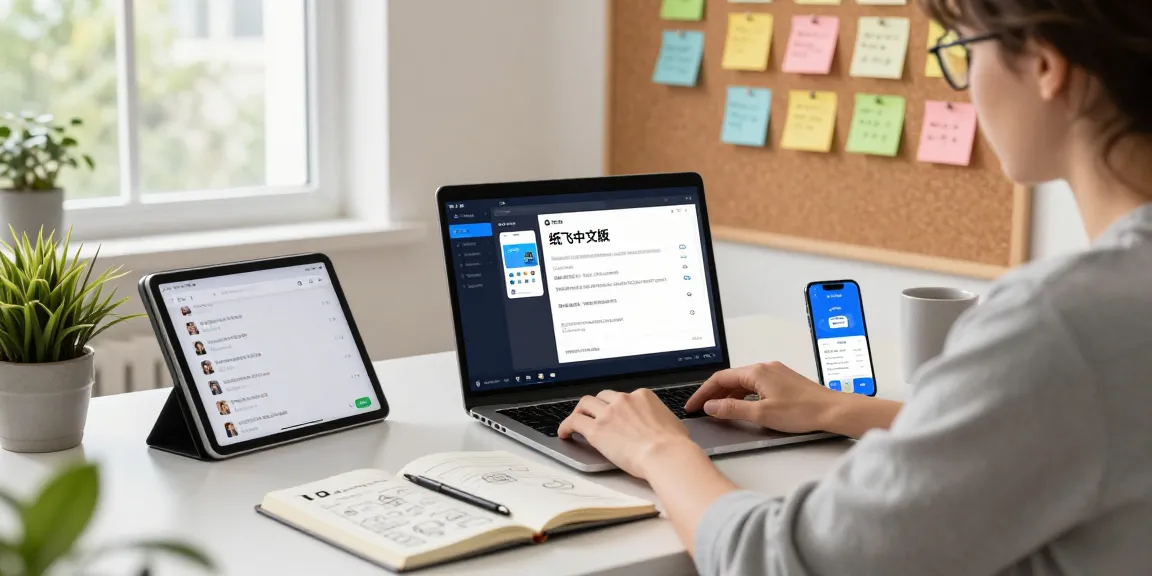 Young professional engaging with 纸飞机中文版 in a modern home office.