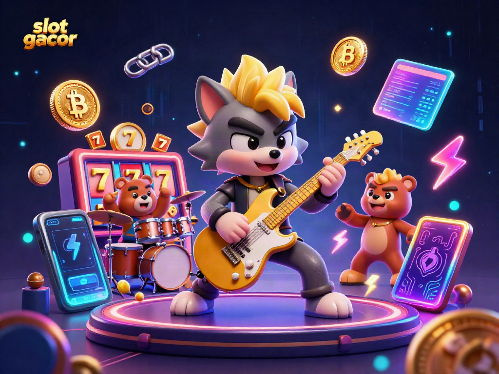 Engaging scene of slot gacor characters with a rock star wolf and drummer bear performing in a lively casino.