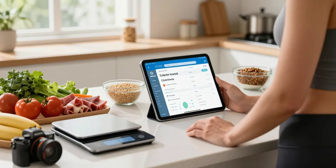 Engaged individual tracking calories with the best calorie tracking apps in a bright kitchen while preparing a healthy meal.